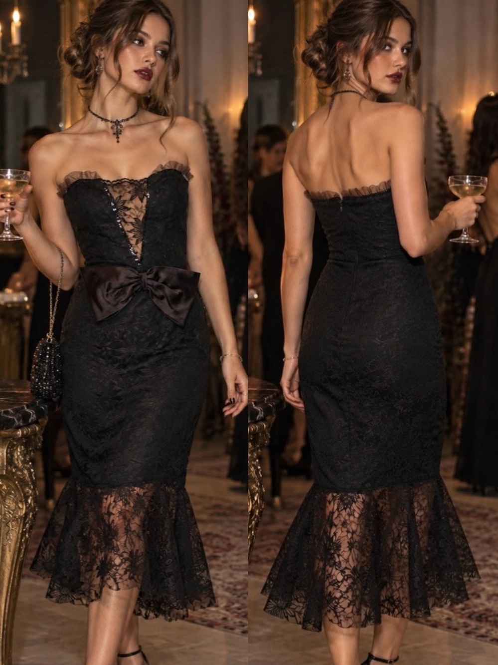 VTG 80s Zum Zum Black Lace Mermaid Dress Whimsigoth Goth Prom Dark Romance Hoco